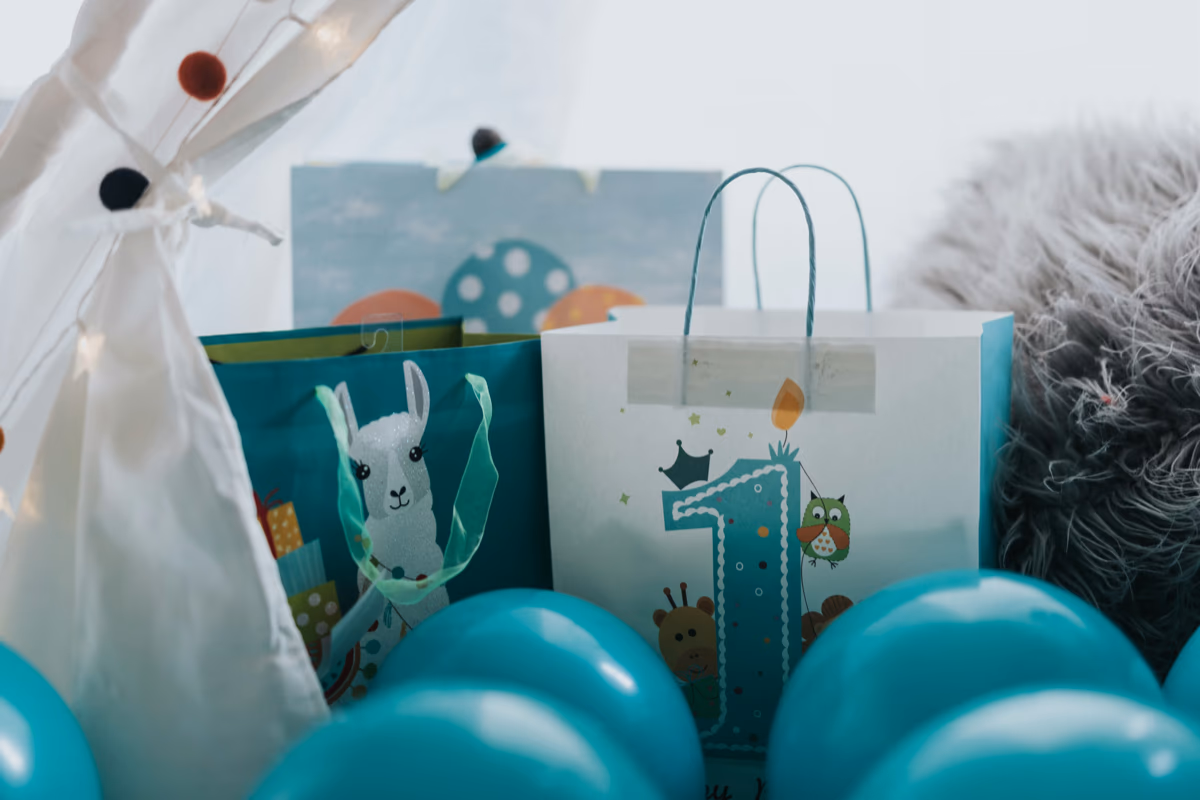 Birthday gift bags and balloons