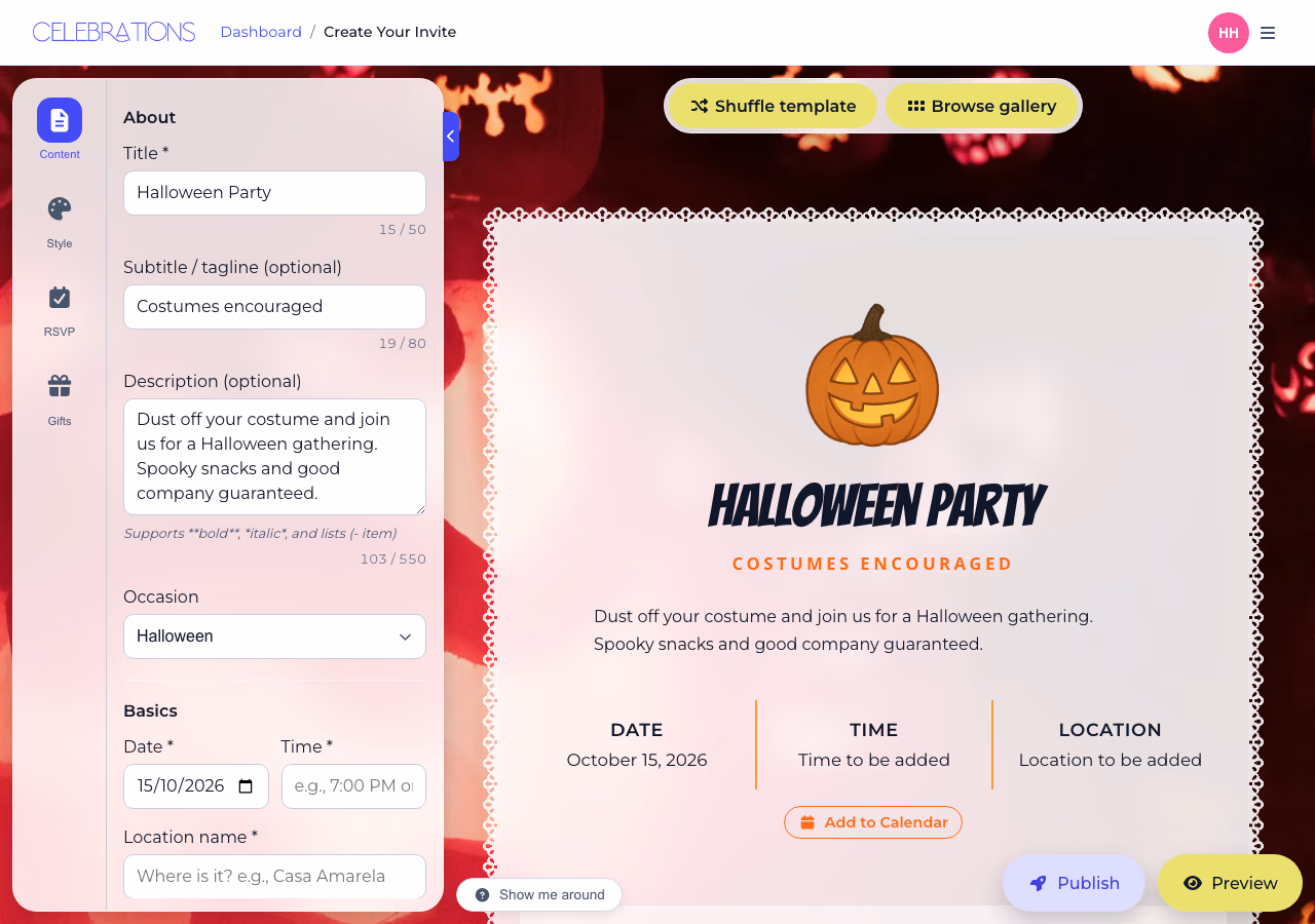 The Pumpkin Party Halloween template in the Celebrations editor, with the title, tagline and description fields on the left and the invite preview on the right