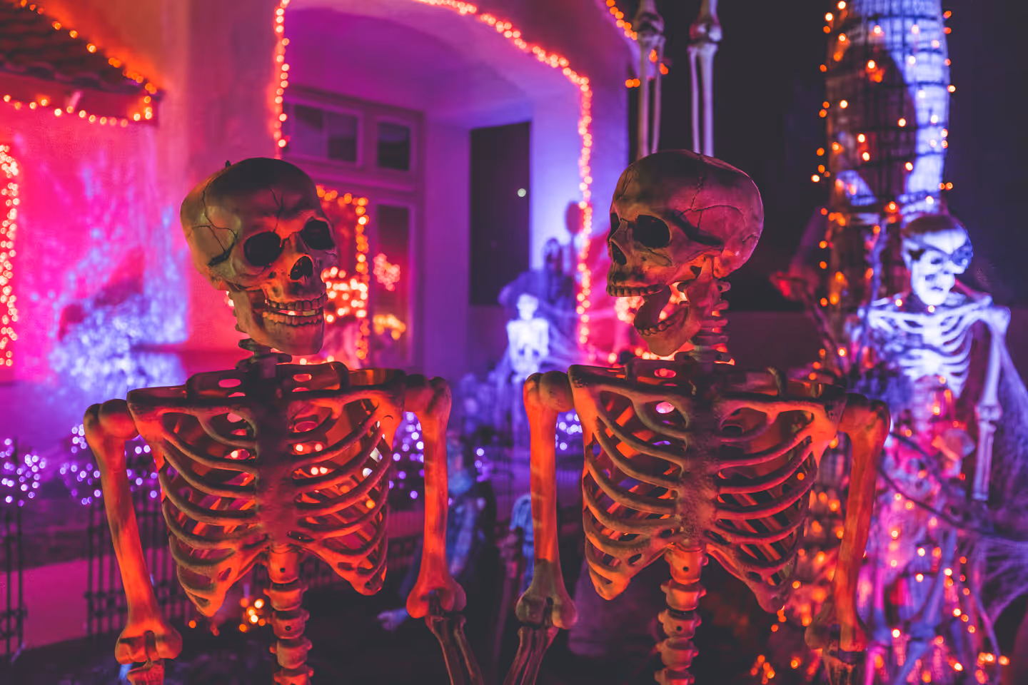 Two plastic skeletons in front of a house lit with orange and purple string lights for Halloween