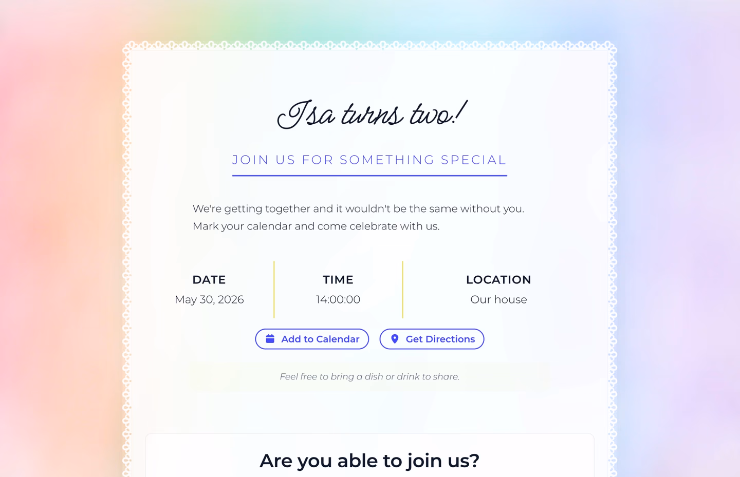 A published digital invitation showing event details and RSVP form
