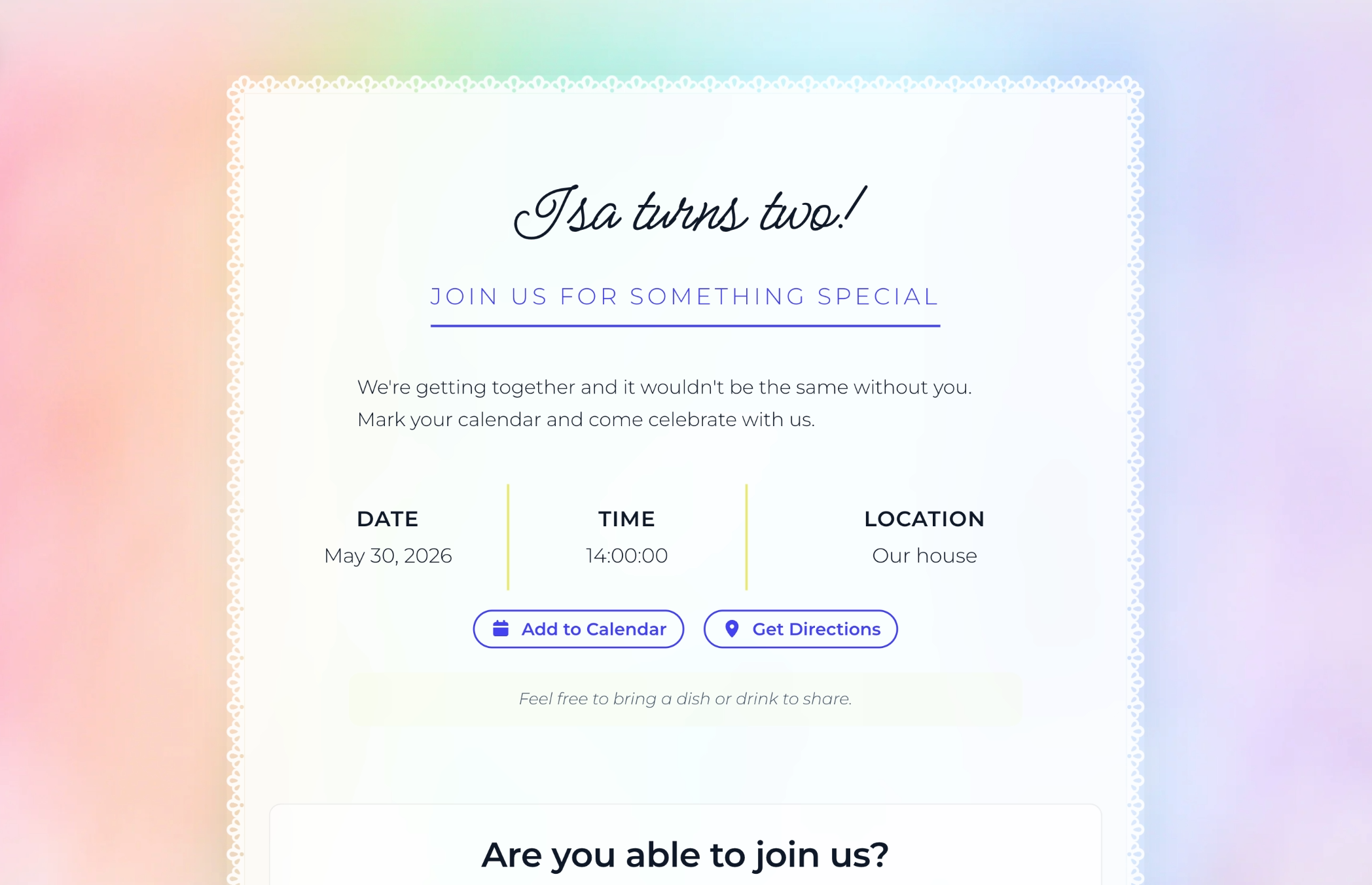 A published digital invitation showing event details and RSVP form