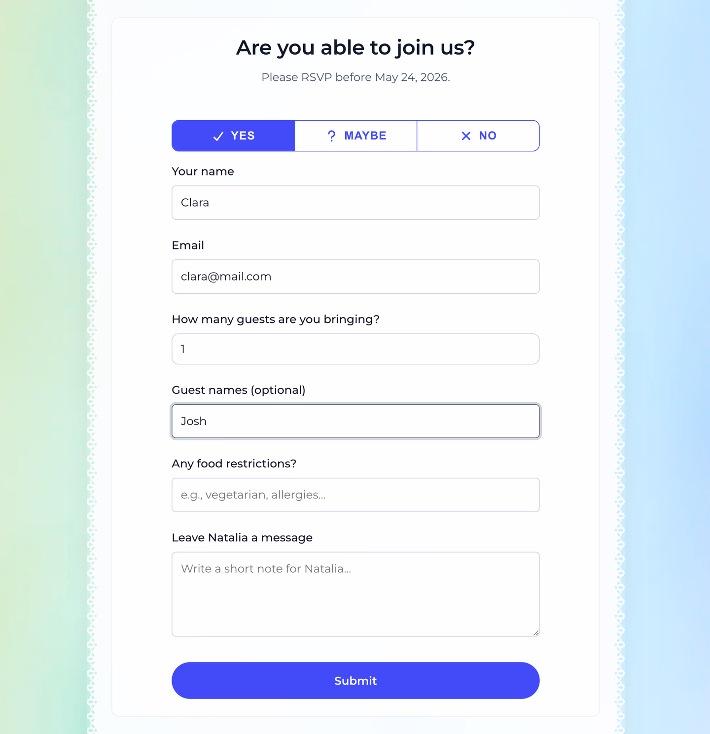 Guest view of the RSVP section showing Yes, Maybe, No buttons and fields for name, plus-ones, and dietary restrictions