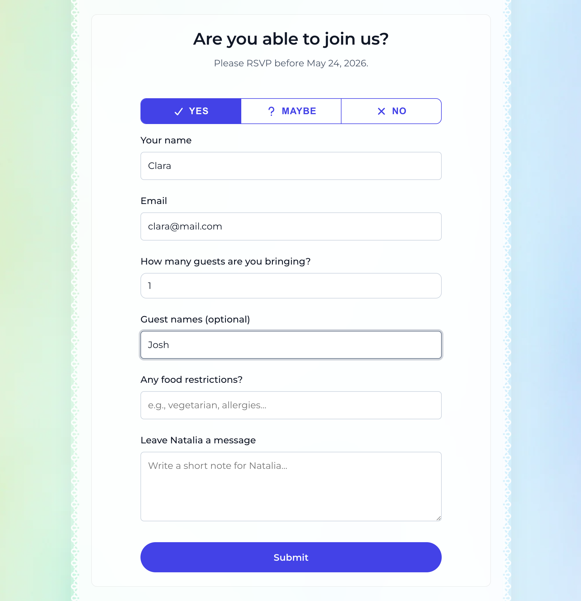 Guest view of the RSVP section showing Yes, Maybe, No buttons and fields for name, plus-ones, and dietary restrictions