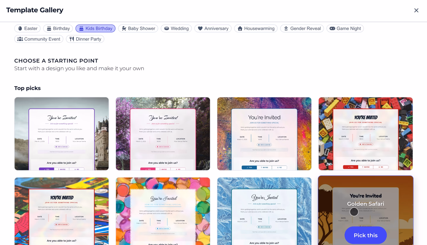Template gallery with occasion filter chips at the top and template cards below