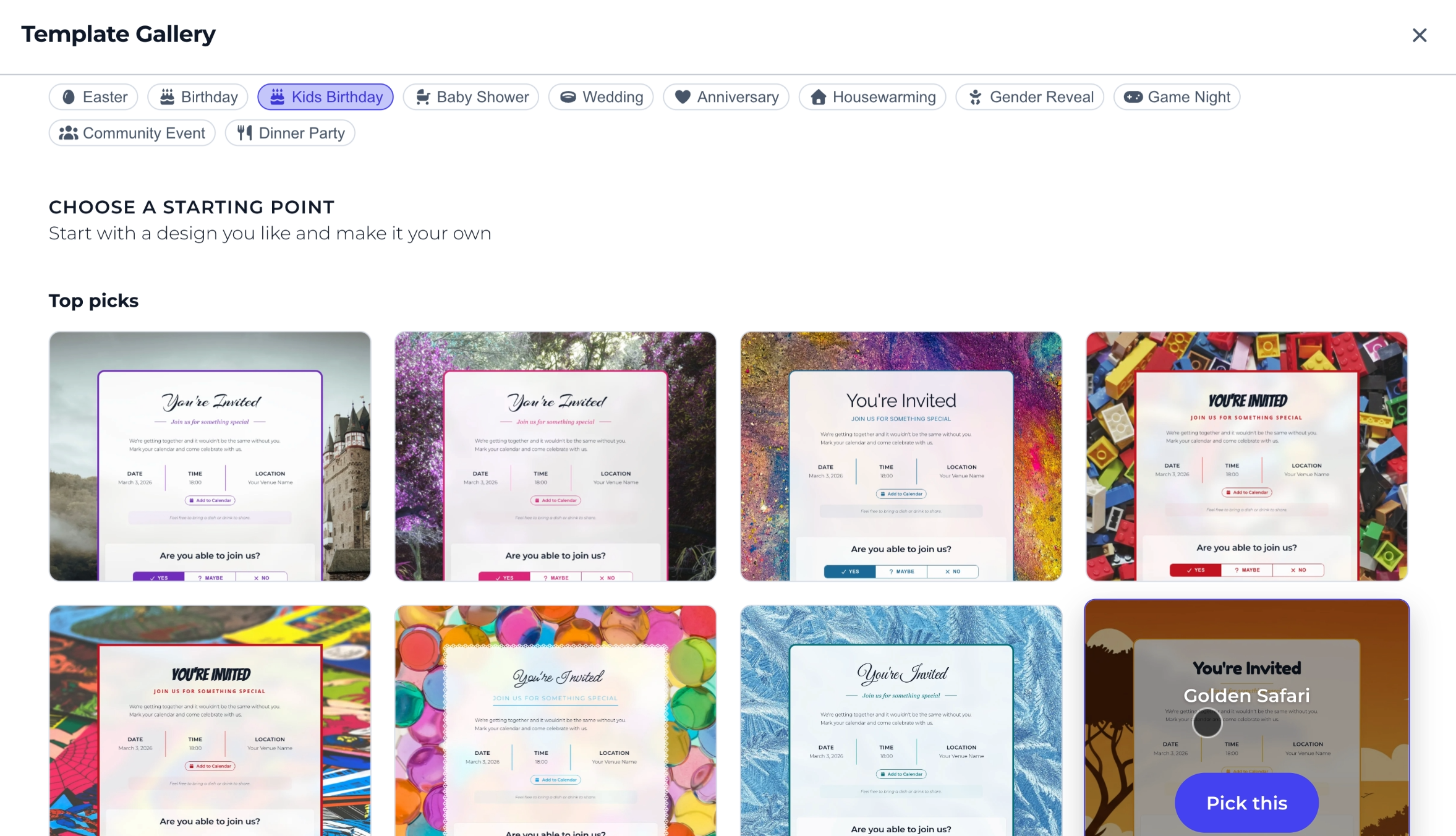 Template gallery with occasion filter chips at the top and template cards below