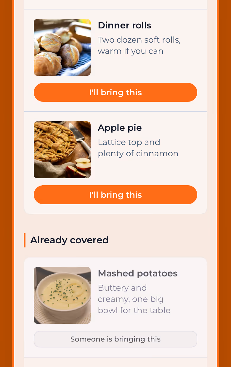 The same dish list on a phone: dinner rolls and apple pie still open to claim, and mashed potatoes under "Already covered"