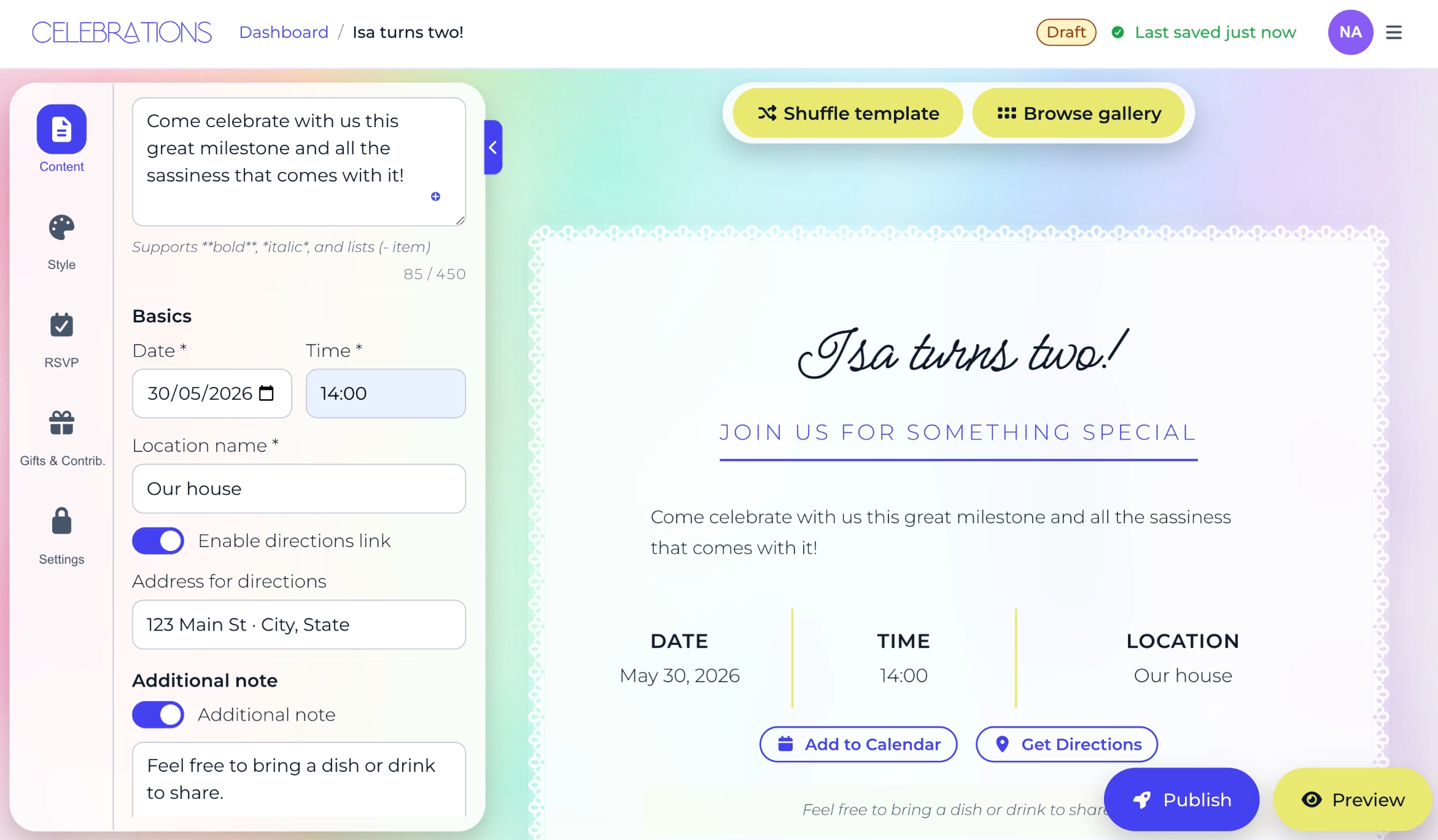 Editor with the Content tab open showing event title, date, and message fields, with a live invite preview on the right