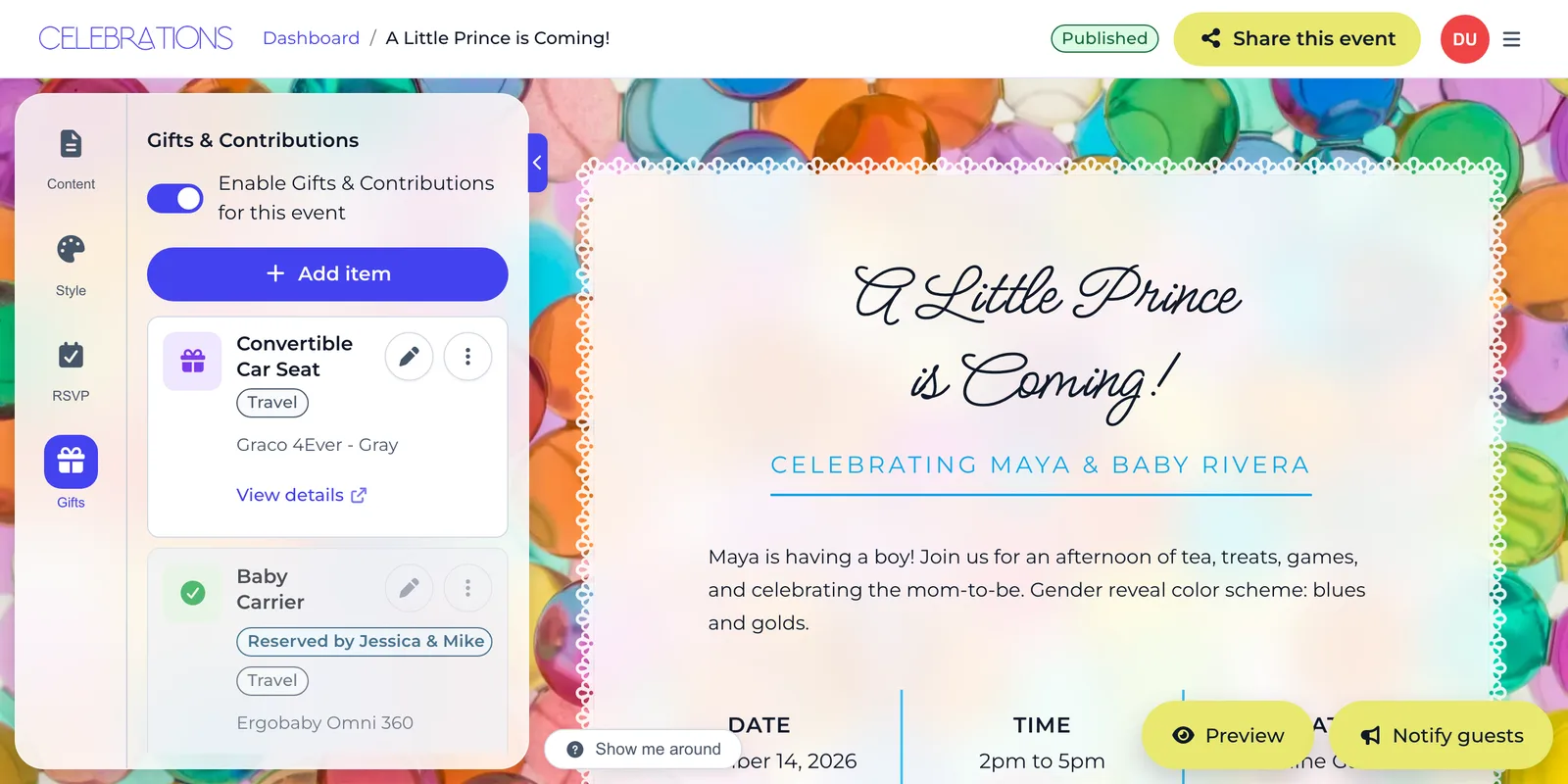 The editor on a computer with the Gifts tab open and the Add item button above the list