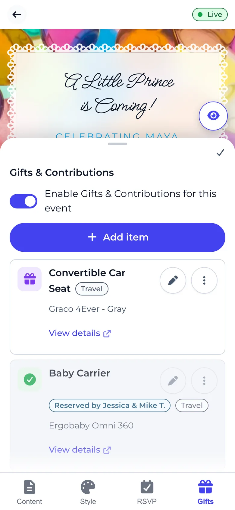 The editor on a phone with the Gifts tab open and the Add item button above the list